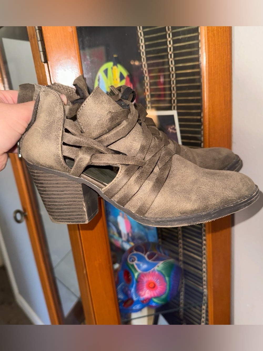 Fergalicious Taupe Strappy Cutout Block Heel Booties